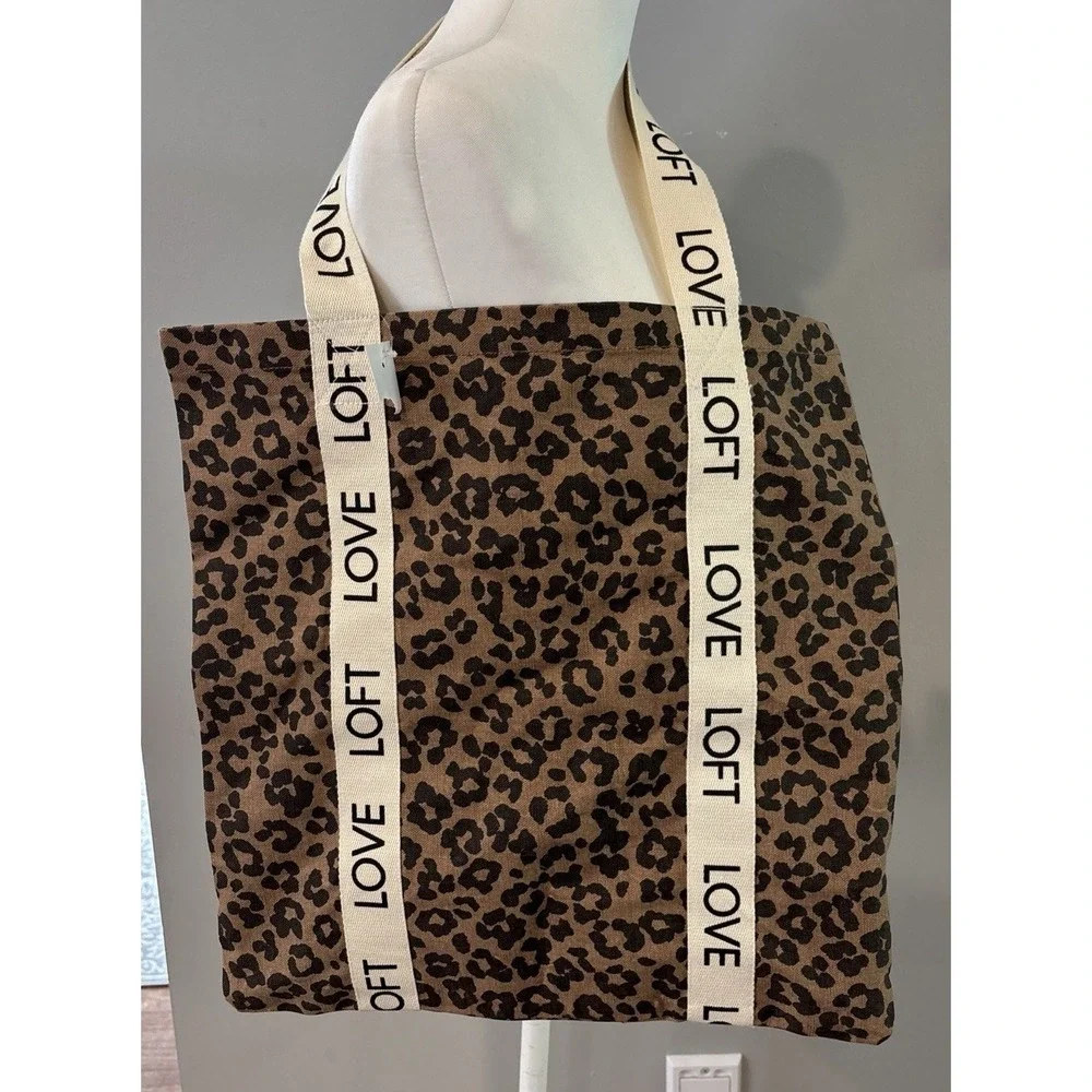 LOFT Leopard Print Tote Bag Love Logo Straps Canvas Shopper Travel Purse